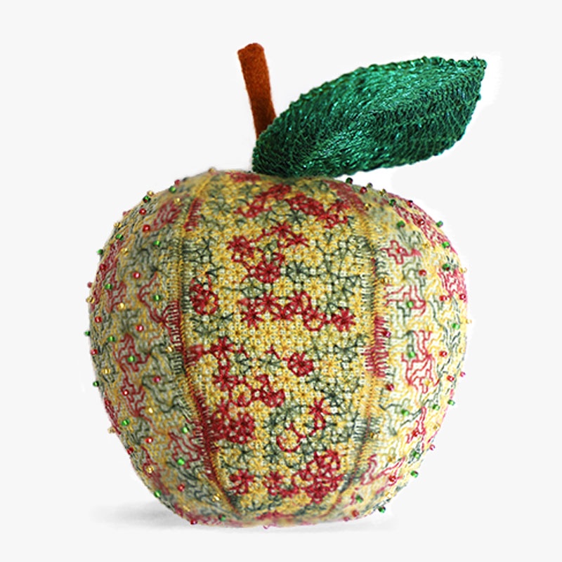 Christine Burton HoneyCrisp Apple Pin Cushion in Blackwork