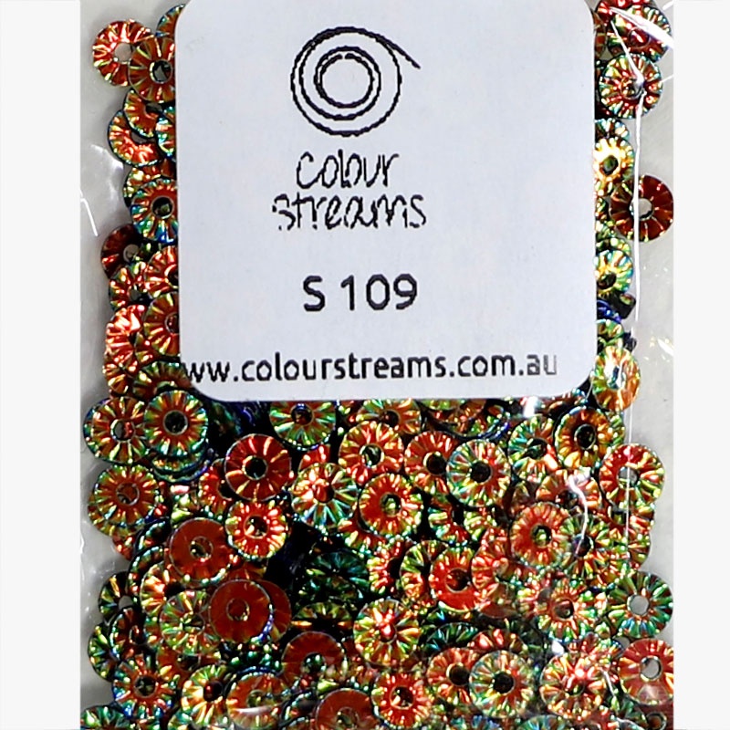 Colour Streams Sequins S109 Round Wheel 4mm Green with Gold and Red Lights