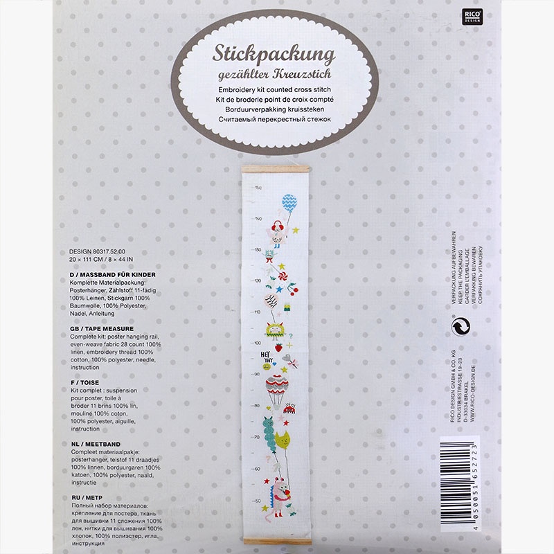 Rico 80317.52.00 Monster Growth Chart Counted Cross Stitch Kit 20x111cm