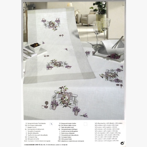 [ricotableclothkitpotsandbenchwithlavenderandolivebranches] Rico 67201.52.21 Pots and Bench Tablecloth Kit 90x90cm